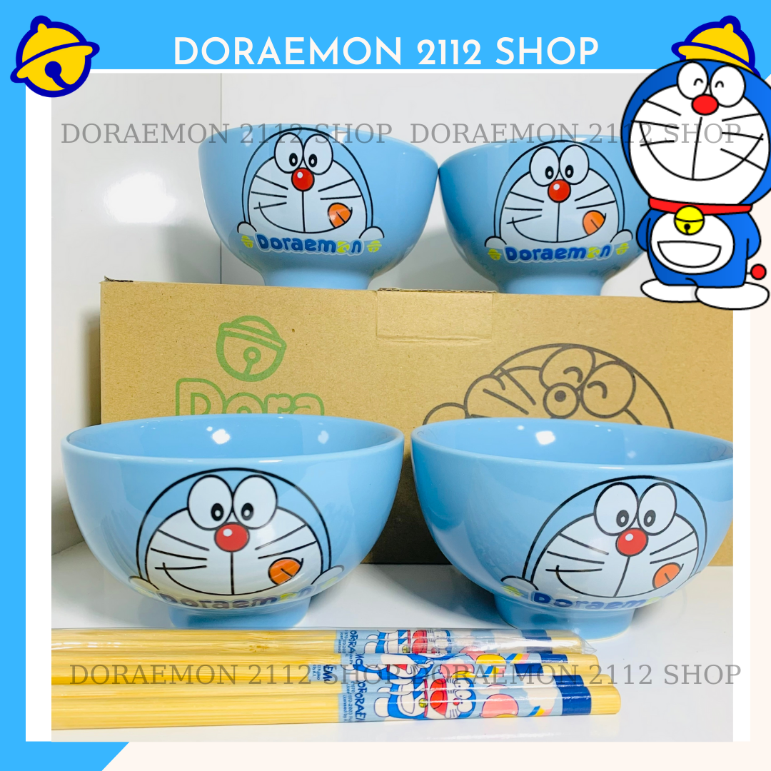 Combo 4 chén sứ + 4 đôi đũa doraemon