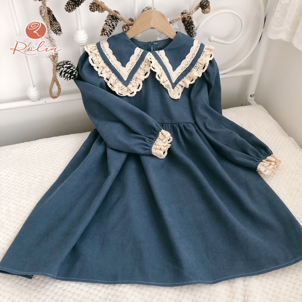 Váy bé gái xanh Navy cổ ren ROLIA chất nhung cổ ren điệu và sang chảnh V86