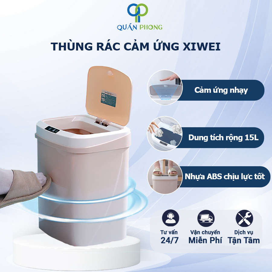 Thùng rác cảm ứng thông minh Xiwei dung tích 15L, cảm ứng tự động đóng sạc pin cổng DC thông dụng