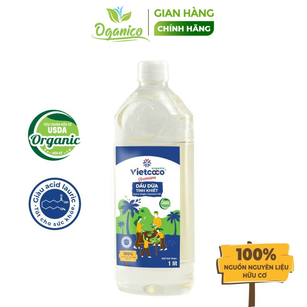 Dầu dừa Vietcoco tinh khiết hữu cơ 1 lít chai PET - Organic Coconut