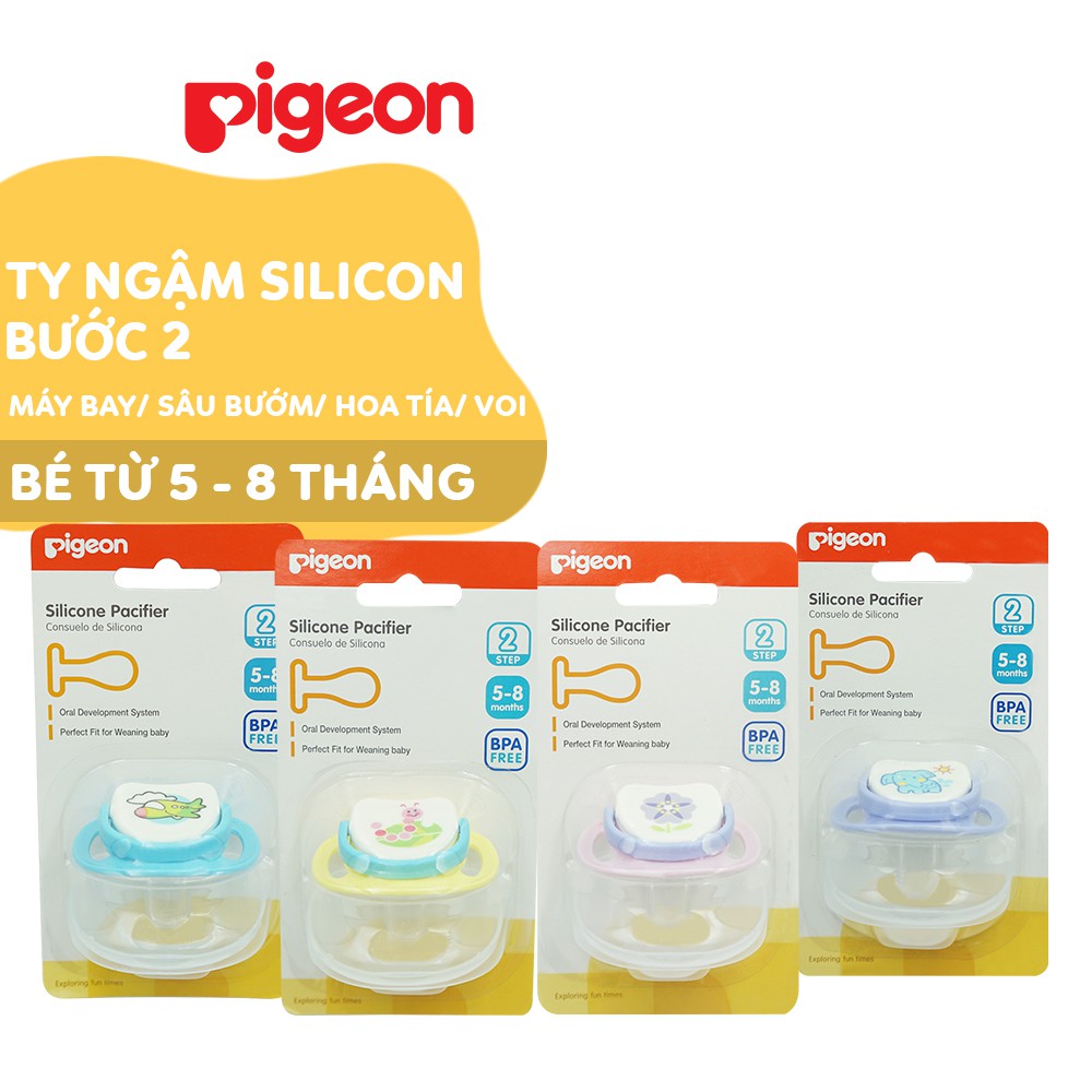 Ty ngậm Silicone Pigeon Bước 2 hình sâu bướm, hoa tía, voi, máy bay
