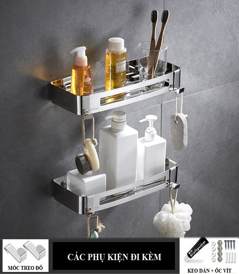 Kệ nhà tắm 2 TẦNG  Inox 304 chữ nhật sáng bóng dán tường gạch men- Có keo dán và đinh ốc tắc kê - Kệ để đồ phòng tắm inox 304