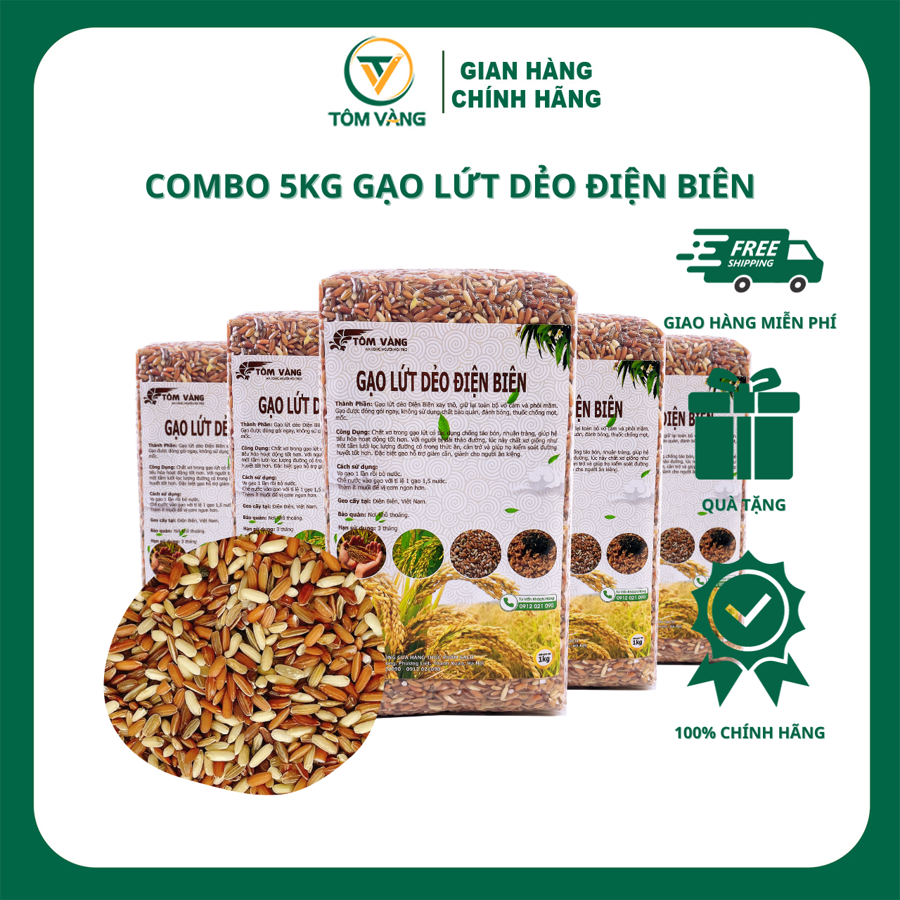 Combo 5kg gạo lứt dẻo điện biên tôm vàng