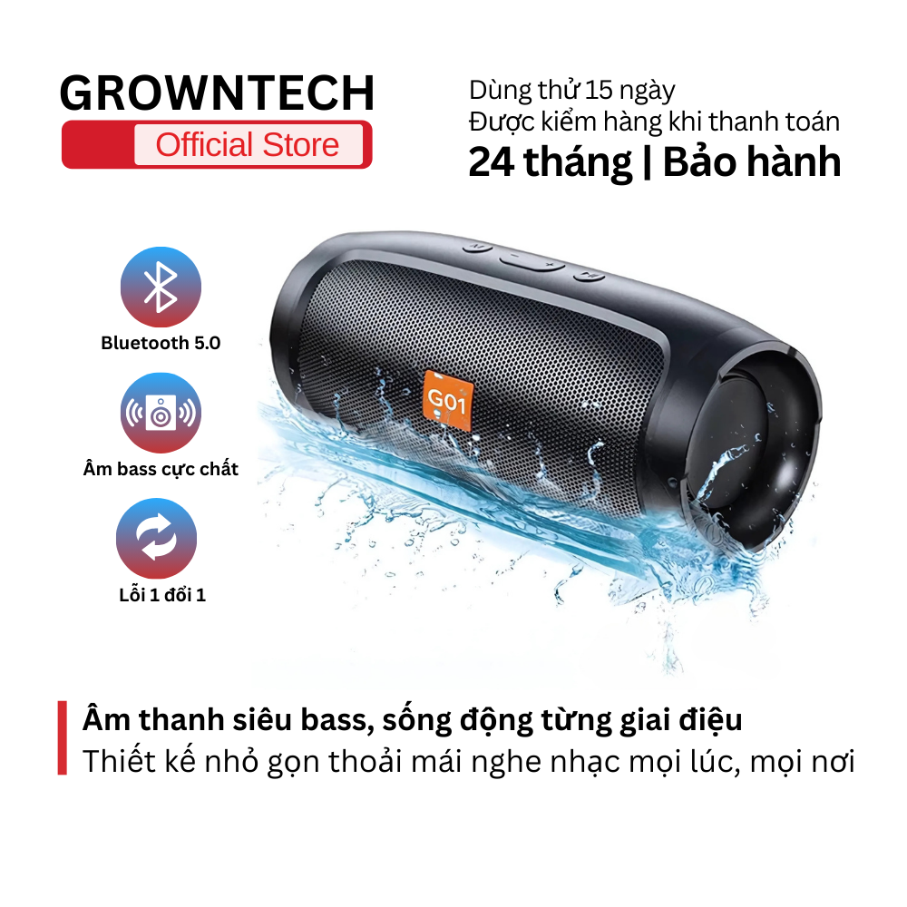 Loa bluetooth không dây GROWNTECH CHARGE MINI 3+  bass mạnh vỏ nhôm kết nối mọi điện thoại dòng cao cấp 2023