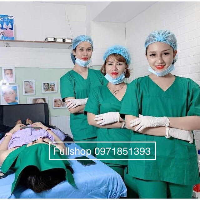 Bộ đồng phục nữ cổ tim xanh lá bệnh viện, thẩm mỹ viện, spa