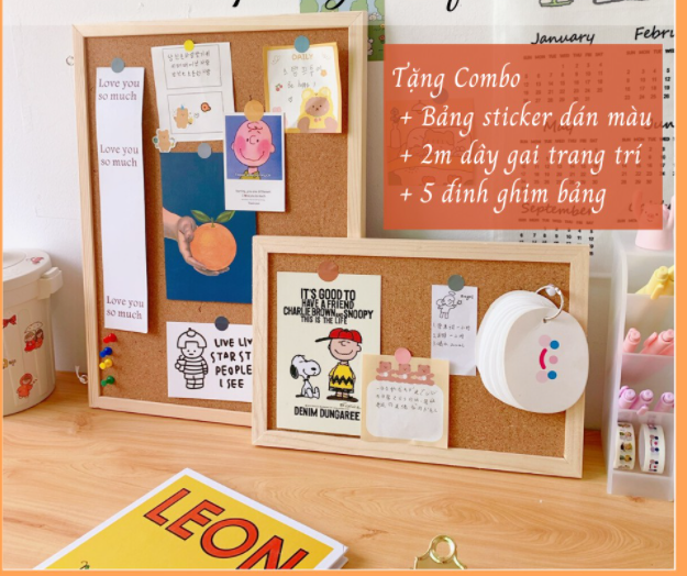 Bảng ghim gỗ bần, treo ảnh, postcard trang trí (Tặng kèm ghim + dây gai + móc)