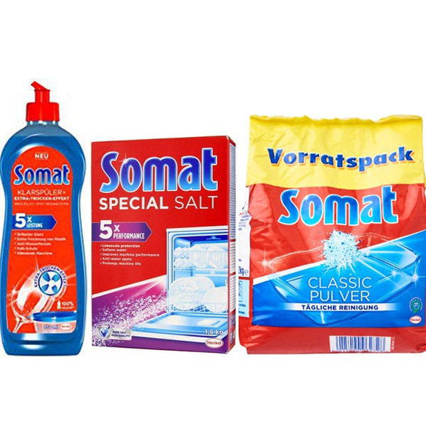 Combo Bột + Muối + Nước Somat - Đức dùng cho máy rửa chén bát + Tặng que thử nước cứng