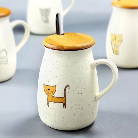 Cốc sứ trắng hình mèo nắp gỗ hình mèo ngẫu nhiên