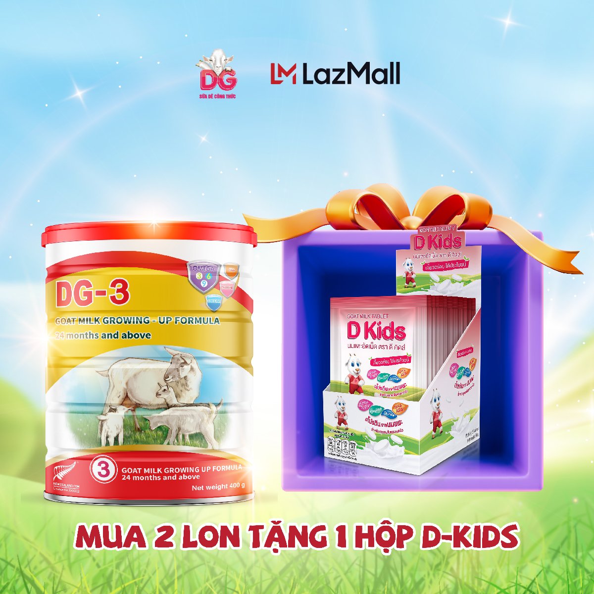 Combo 02 lon sữa dê dg-3 400g tặng 1 hộp viên sữa dê dkids