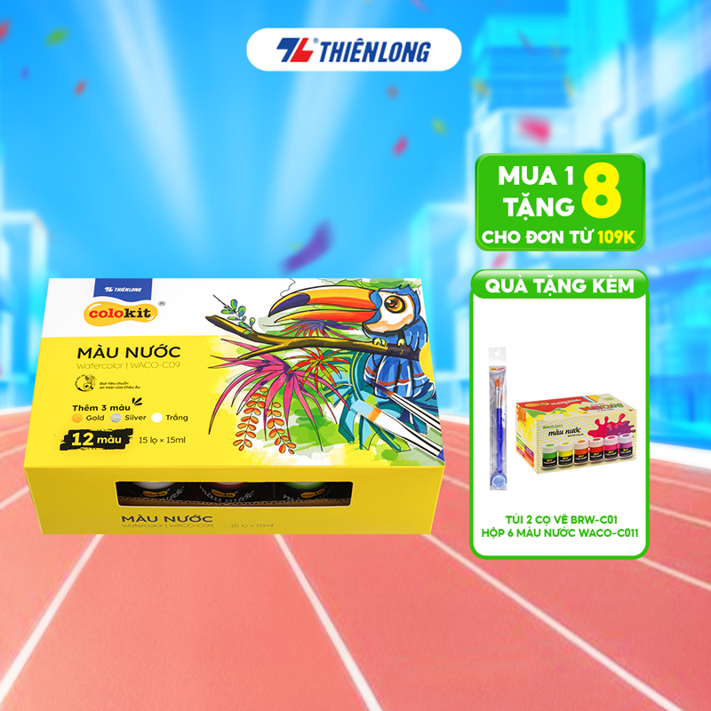 Màu nước Thiên Long Colokit 15 lọ dung tích 15ml gồm 12 màu cơ bản + 3 màu tặng thêm, tô mịn bền màu, thích hợp tô vẽ học tập giải trí WACO-C09