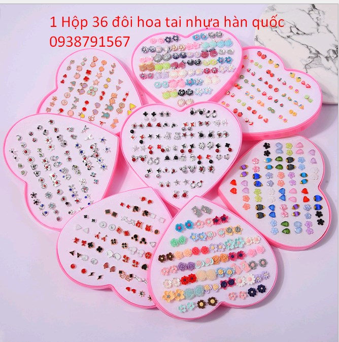 1 hộp 36 đôi hoa tai bằng nhựa thời trang