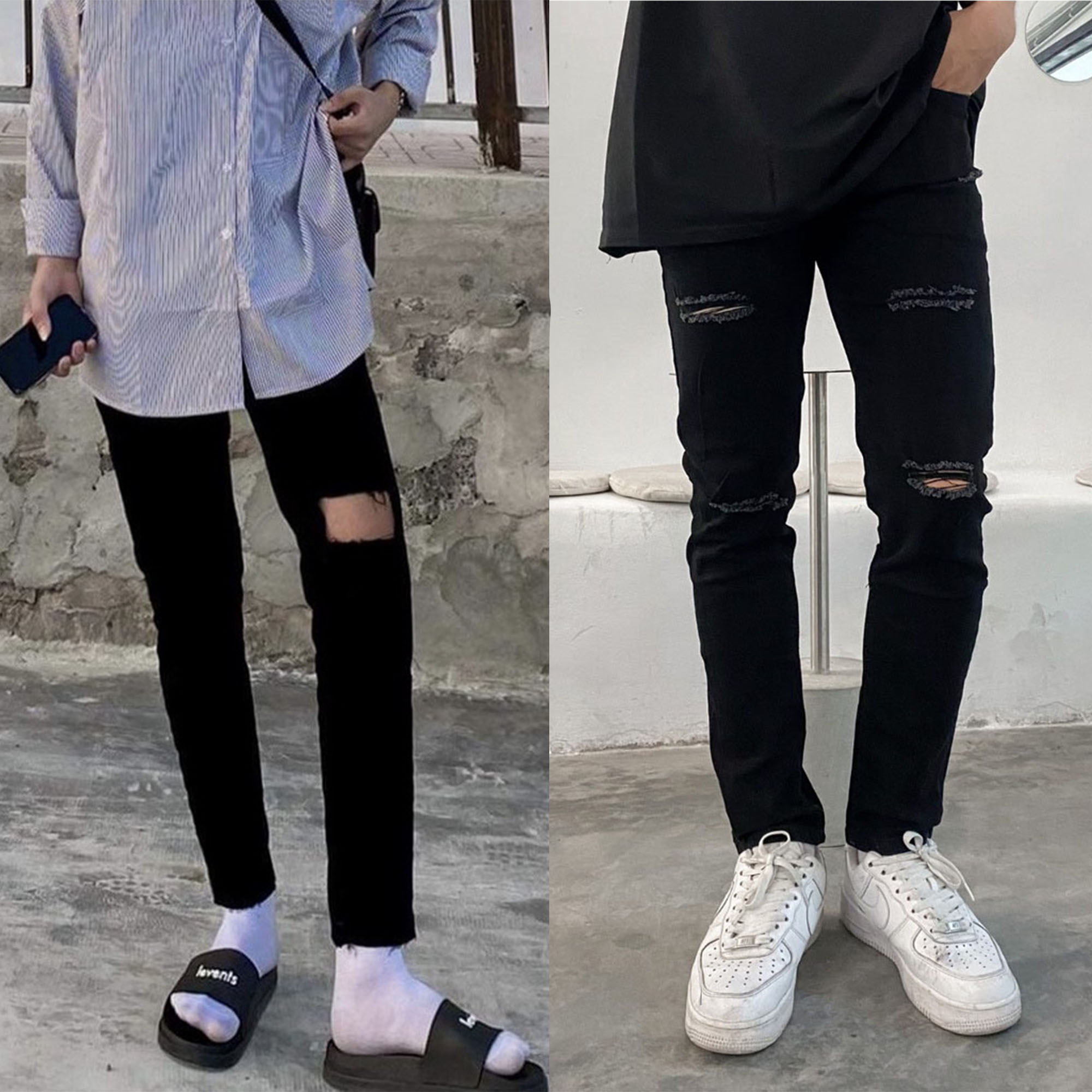 Quần jean đen rách gối đùi nam co giãn cực tốt phom ôm skinny dáng slimfit VNXK Pon.mens
