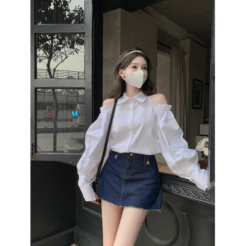 Áo sơ mi trắng hở vai chun khuy đá