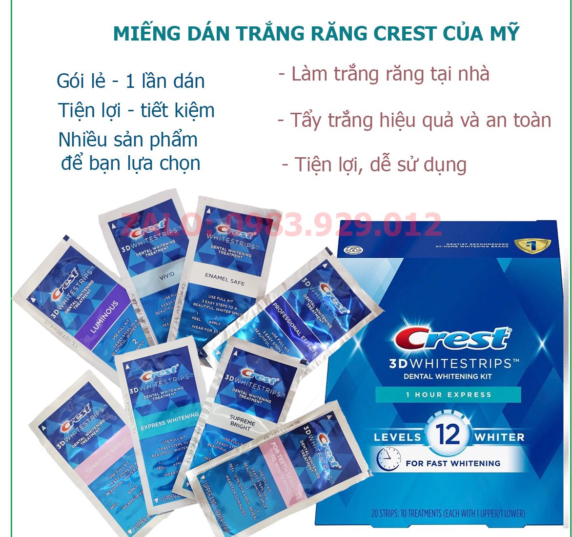 Miếng dán trắng răng Crest 3D White Professional Effects, 1 hour Express