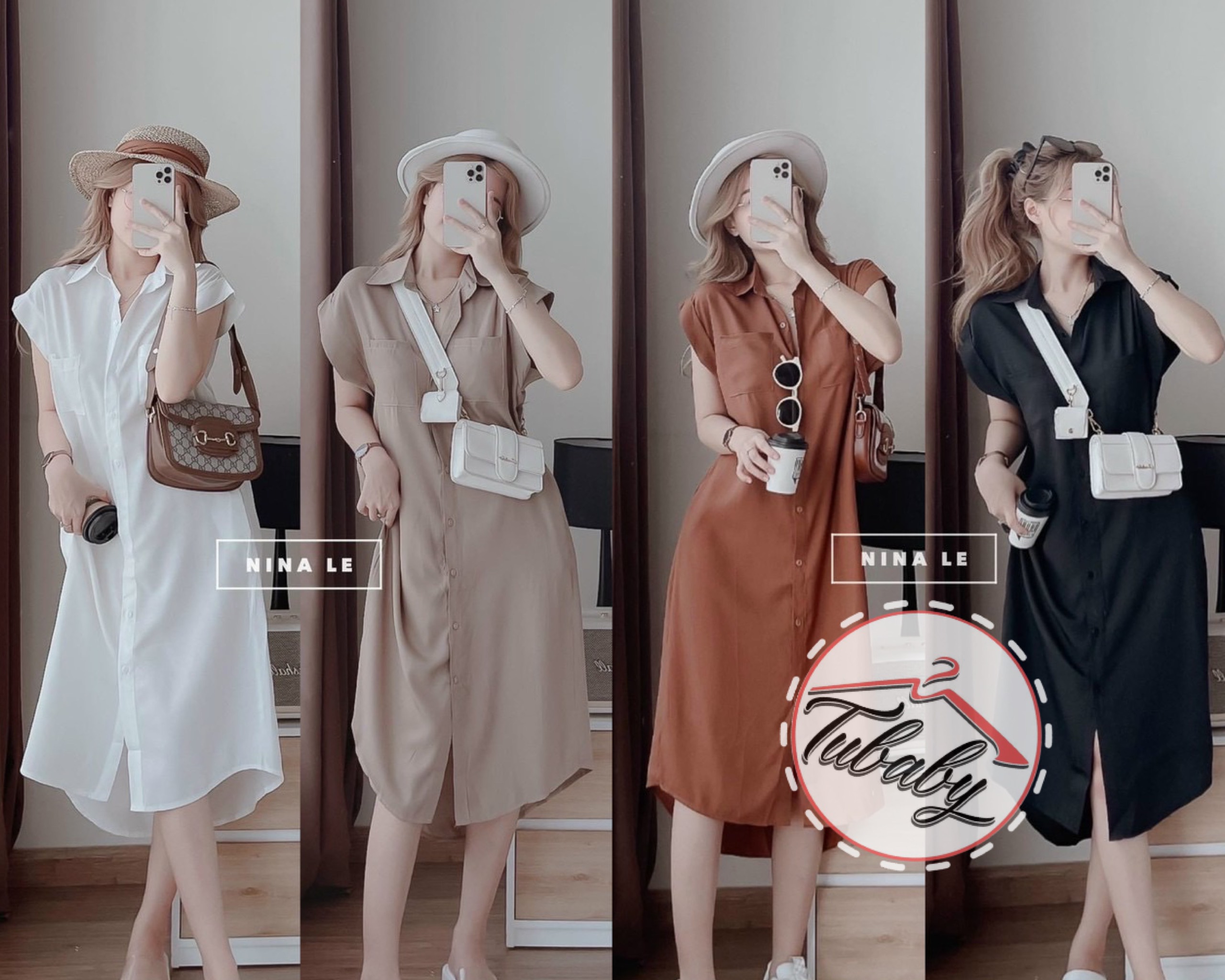 Đầm sơ mi đóng nút thật đóng túi 4 màu sang chảnh thiết kế đơn giản thanh lịch