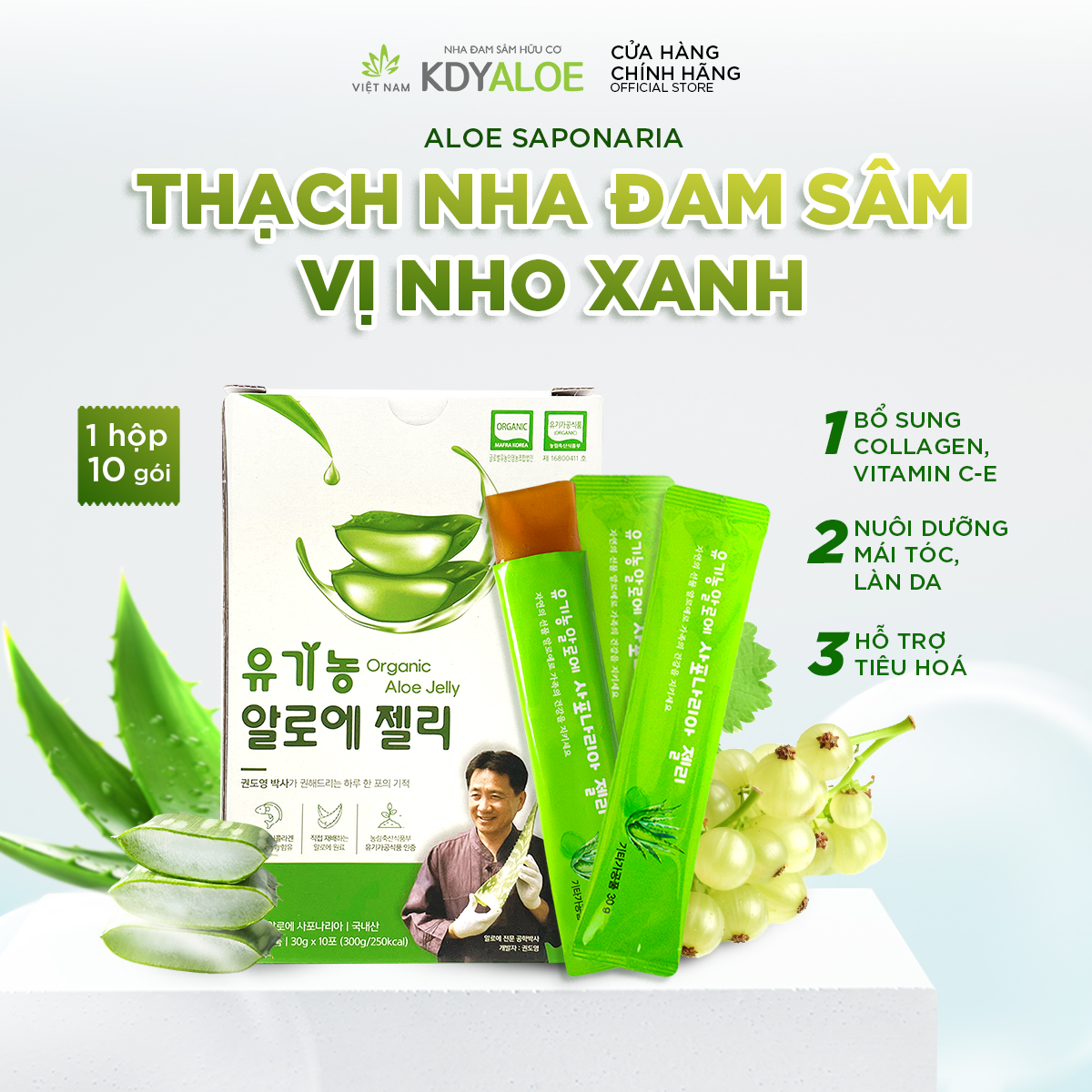 Thạch collagen nha đam sâm nho xanh hữu cơ kdy aloe hộp 10 gói