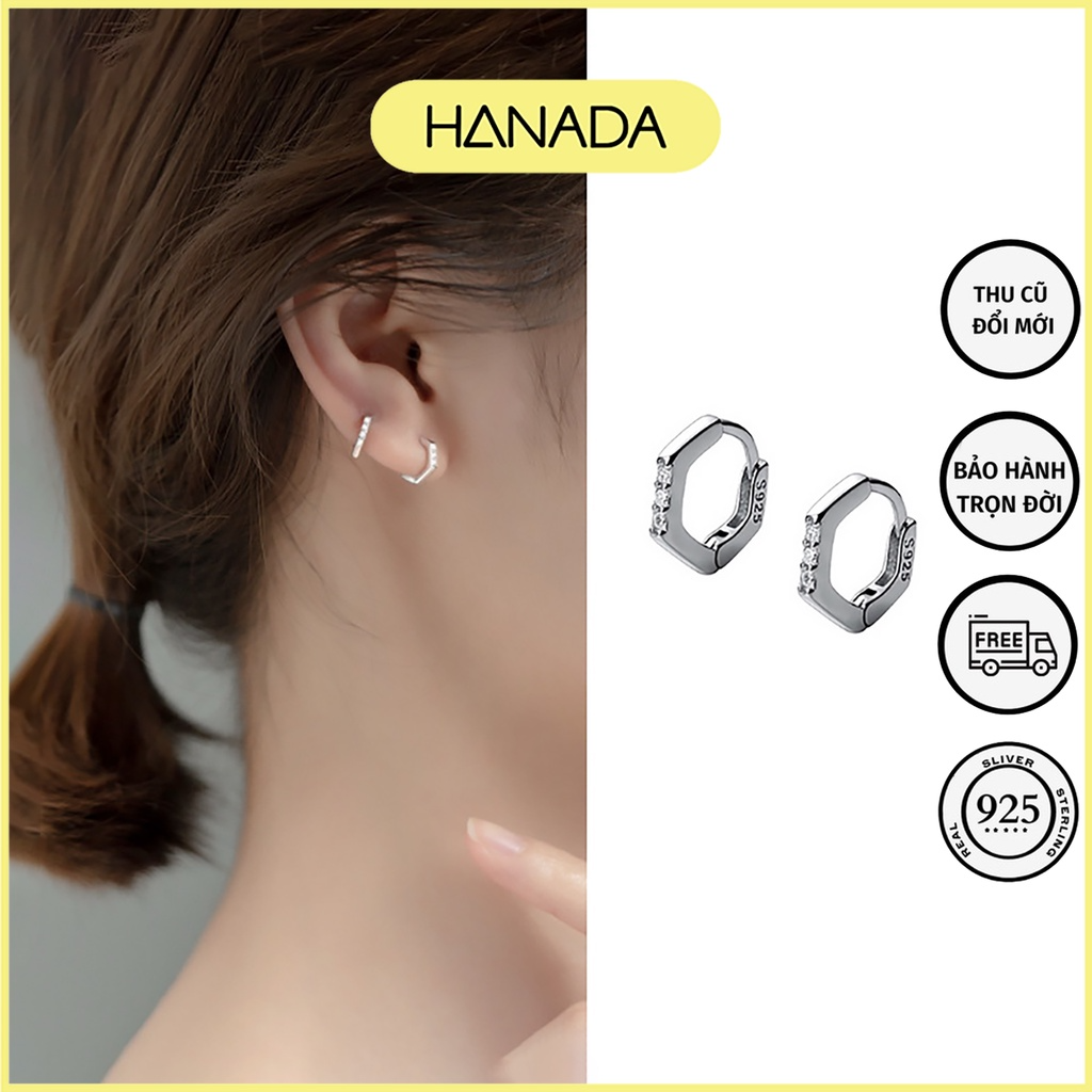 Bông tai bạc 925 hanada 0802 khoen tròn lục giác đính đá nhỏ đeo vành