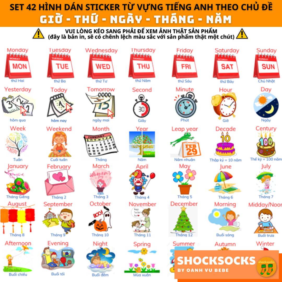 🔥 42 hình dán sticker TỪ VỰNG TIẾNG ANH CHỦ ĐỀ THỜI GIAN - LỊCH - CÁC NGÀY LỄ TRONG NĂM 🔥