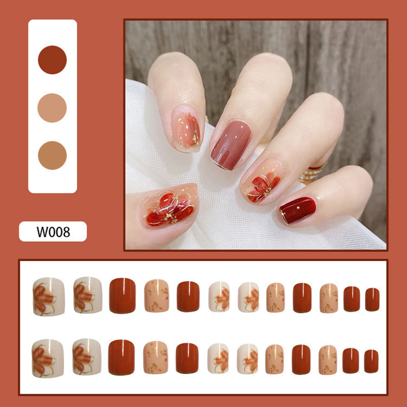 Bộ 24 móng tay giả cao cấp nail giả đẹp hot trend móng giả hoa cúc trắng nail xà cừ sơn gel có keo sẵn XP-MT021