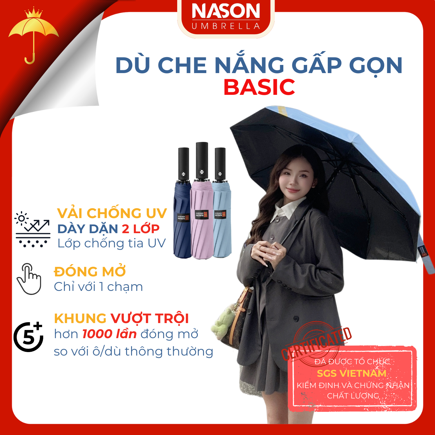Ô dù che mưa che nắng chống UV Basic Nason Umbrella 8 nan đóng mở tự động gấp nhỏ gọn cầm tay