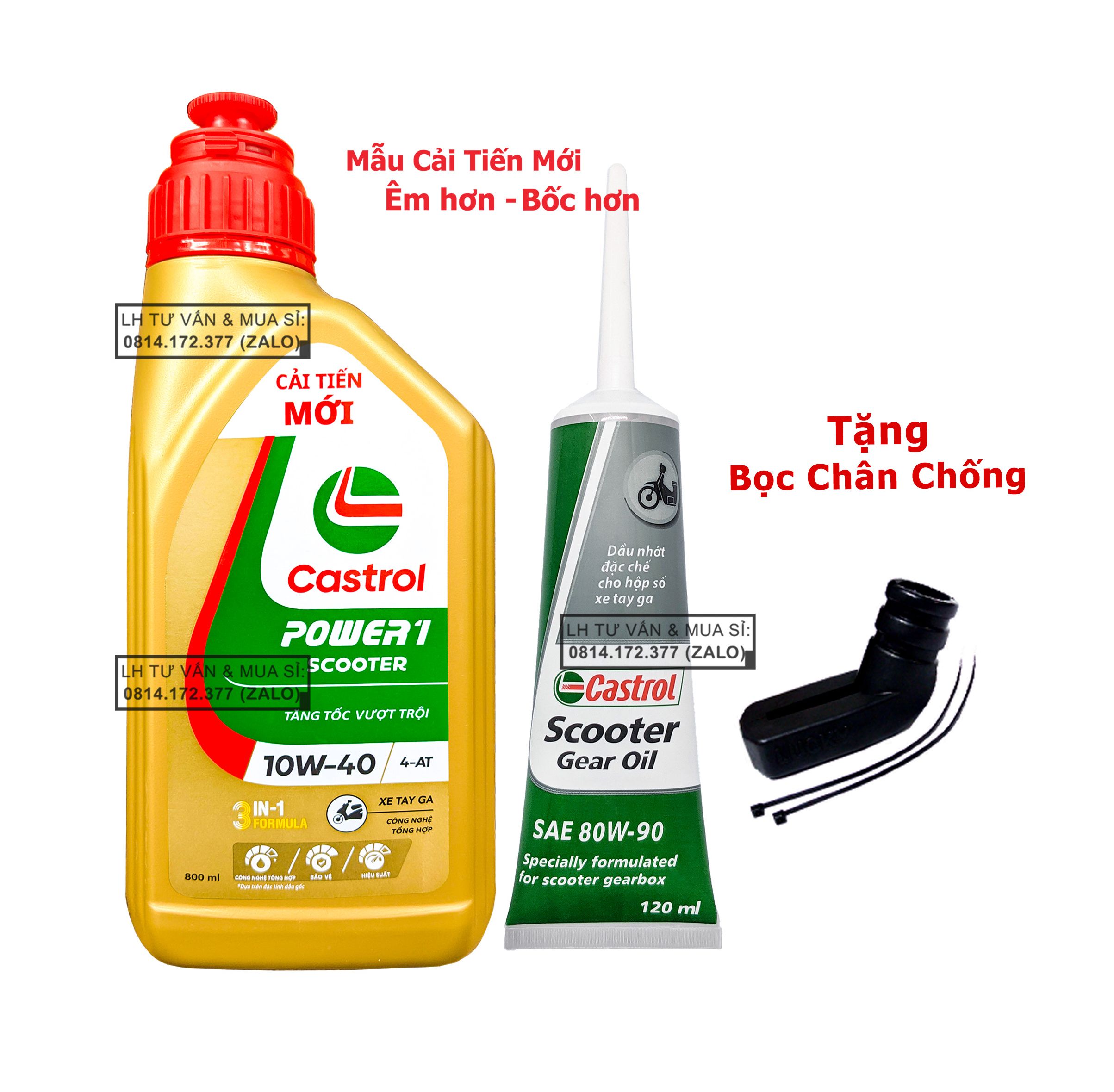 Combo Dầu nhớt tổng hợp tay ga Castrol Power-1 Scooter 10w40 ( 0.8L ) + Nhớt lap Castrol + Tặng bọc chân chống xe máy