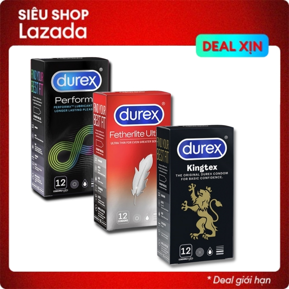 (3 hộp) bao cao su durex performa kéo dài thời gian quan hệ + ultima siêu mỏng + kingtex size cỡ nhỏ