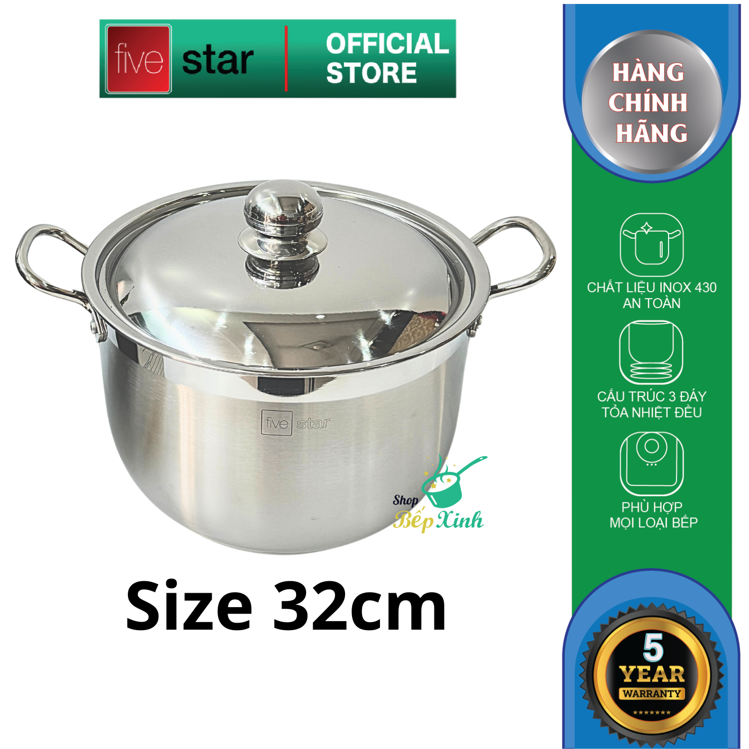 Nồi luộc gà inox 430 cao cấp FiveStar Standard 32cm dung tích 15 lít , dùng được mọi bếp -Shop Bếp Xinh