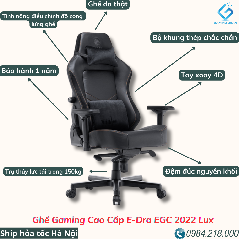 Ghế gaming cao cấp e-dra champion egc2022 black - da thật, đệm đúc nguyên khối - kê tay 4d - tính năng điều chỉnh độ cong lưng ghế