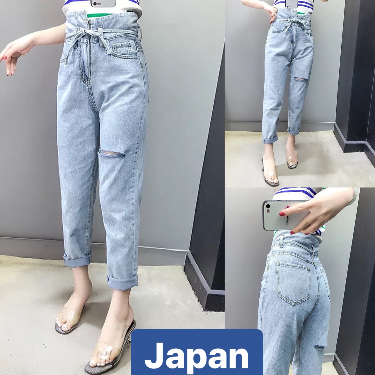 QUẦN BAGGY JEAN NỮ CHẤT BÒ XANH THẮT NƠ RÁCH GỐI SÀNH ĐIỆU VIP NHẬT BẢN LƯNG CAO NÂNG MÔNG NHẬT BẢN JP-050 JAPAN FASHION