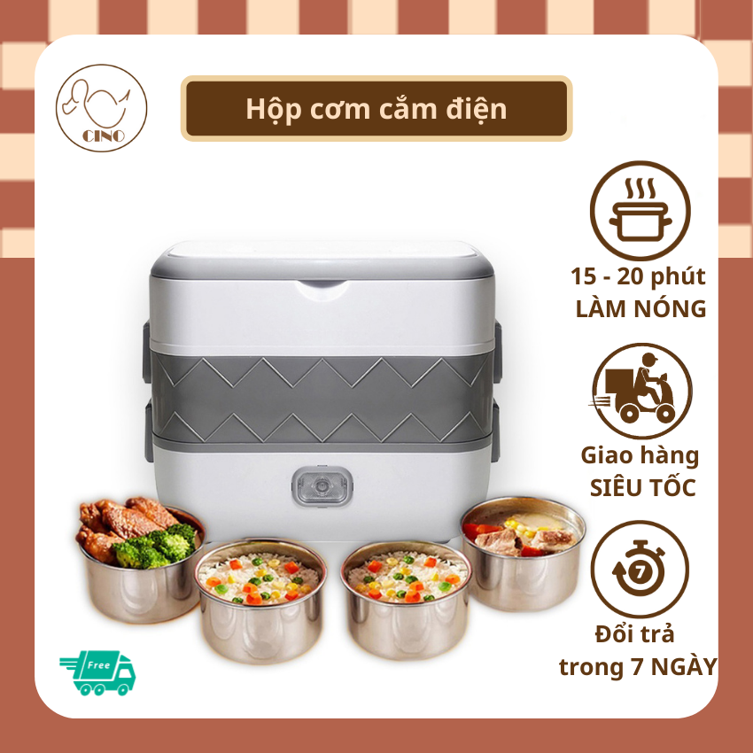 Hộp cơm cắm điện văn phòng, hộp cơm giữ nhiệt đa năng 2 tầng Cino, 4 bát inox 304