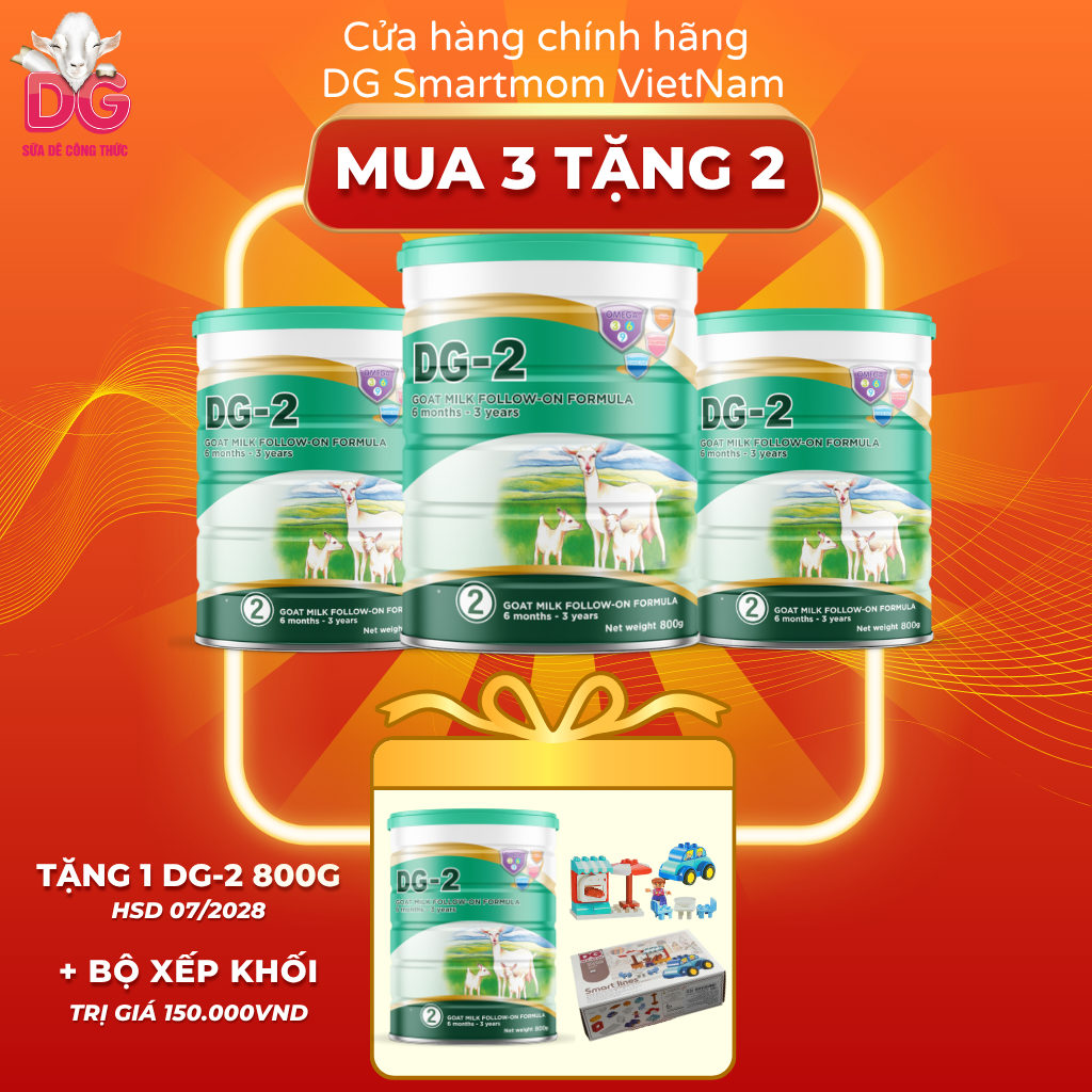 [MUA 3 TẶNG 2 + Quạt + Ly] 3 Sữa Dê Công Thức DG-2 800g (HSD: 7/2028) + Tặng 1 Sữa Dê DG-2 (hsd 2028) + 1 Đồ Chơi Xếp Khối