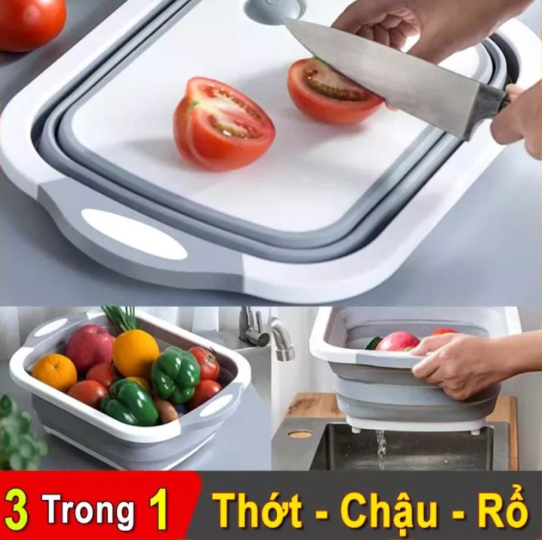 Chậu Gấp Đa Năng Kiêm Thớt Và Rổ Đựng Tiện Lợi ĐA NĂNG ...thau silicon kiêm thớt xếp gọn thông minh đa năng gấp gọn 3 trong