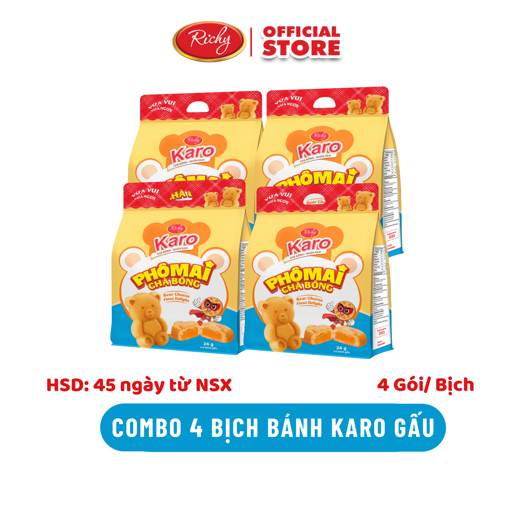 [BAO BÌ MỚI] Combo 4 Bịch Bánh Karo Gấu chà bông phô mai, Bánh ăn sáng, HSD 45 ngày, Bánh kẹo Richy