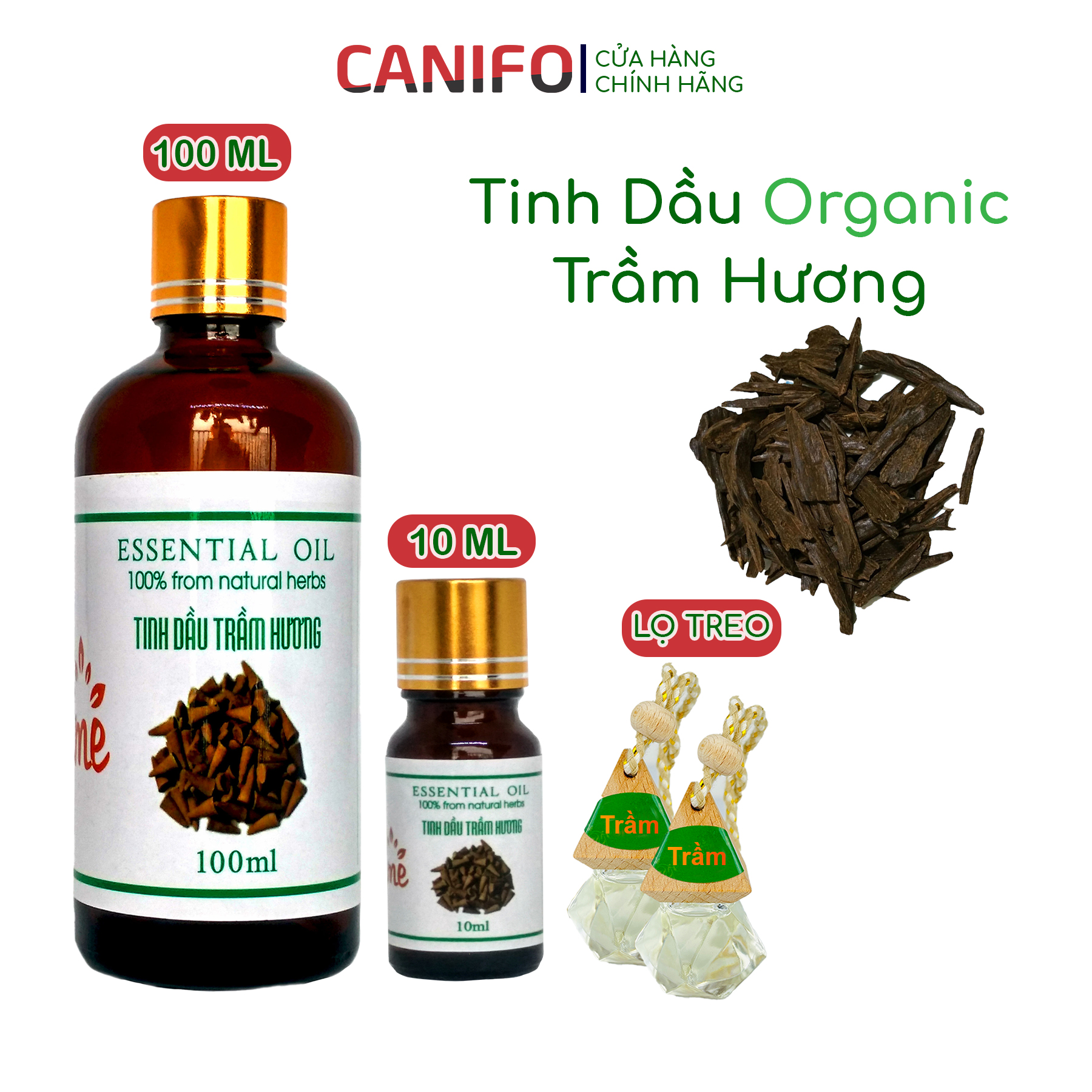 Tinh dầu trầm hương Vip - CANIFO Organic chai 100ml, 10ml và lọ treo xe