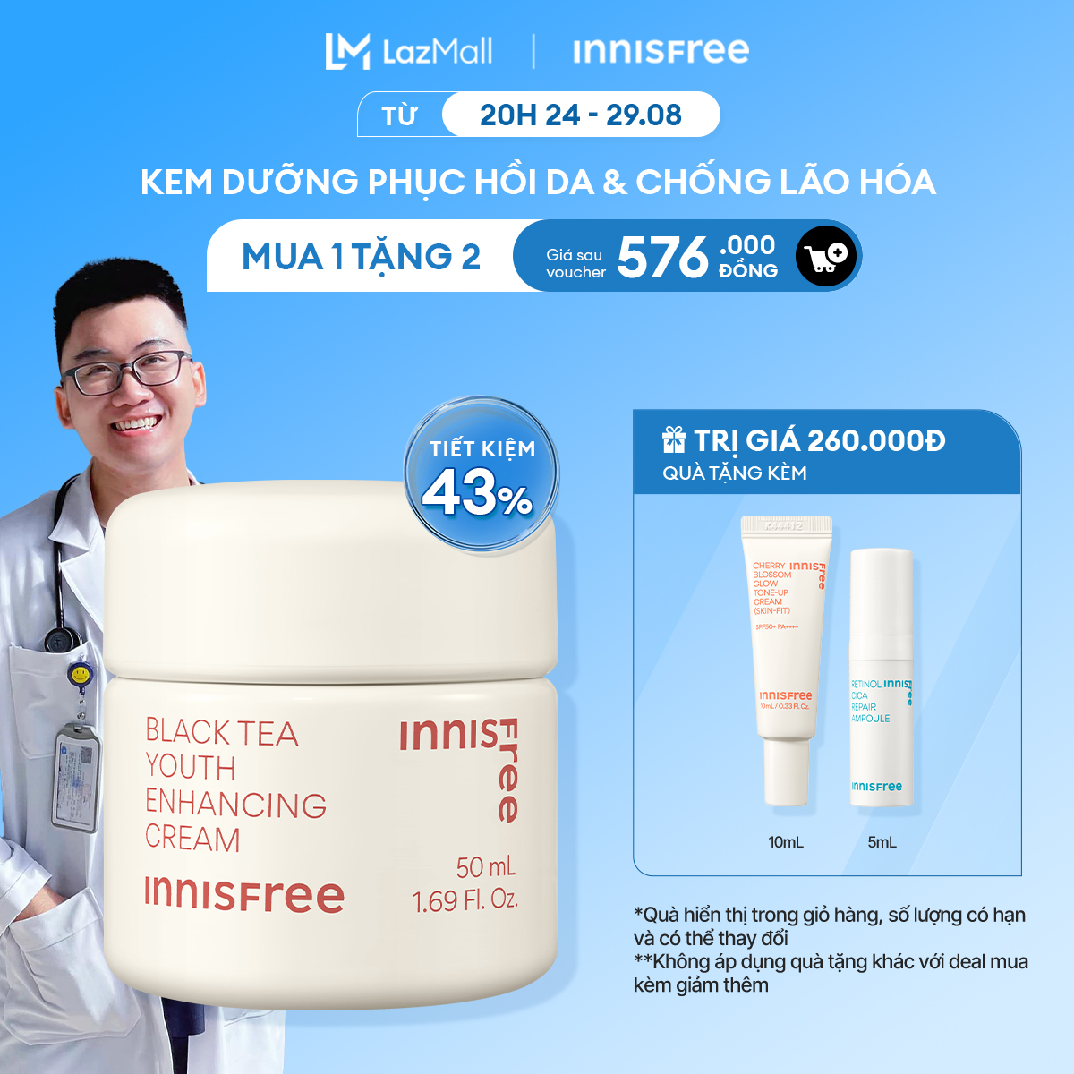 Kem dưỡng phục hồi da ban đêm ngăn ngừa lão hóa từ trà đen INNISFREE Black Tea Youth Enhancing Cream 50mL