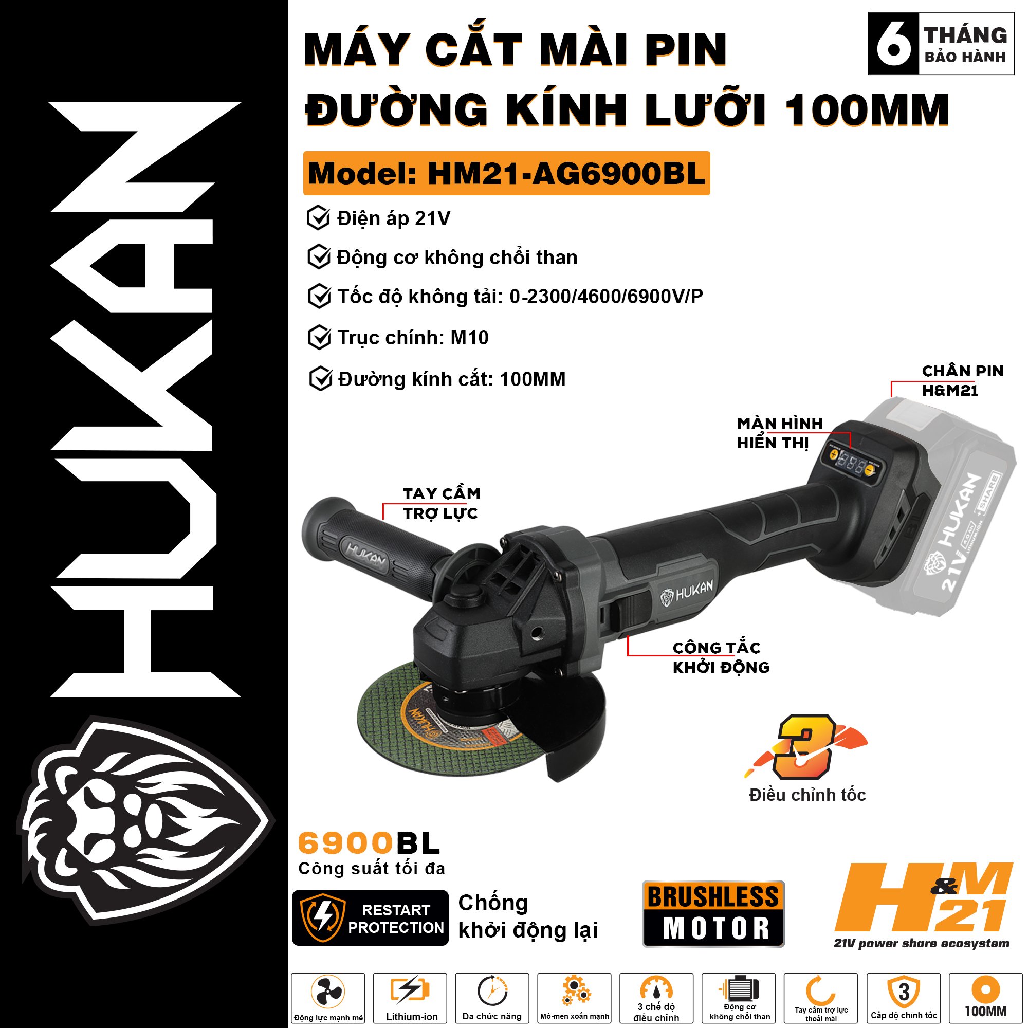 Thân máy mài pin HUKAN HM21-AG6900BL động cơ không chổi than chân pin phổ thông Hukan H&M21 được bảo hành chính hãng