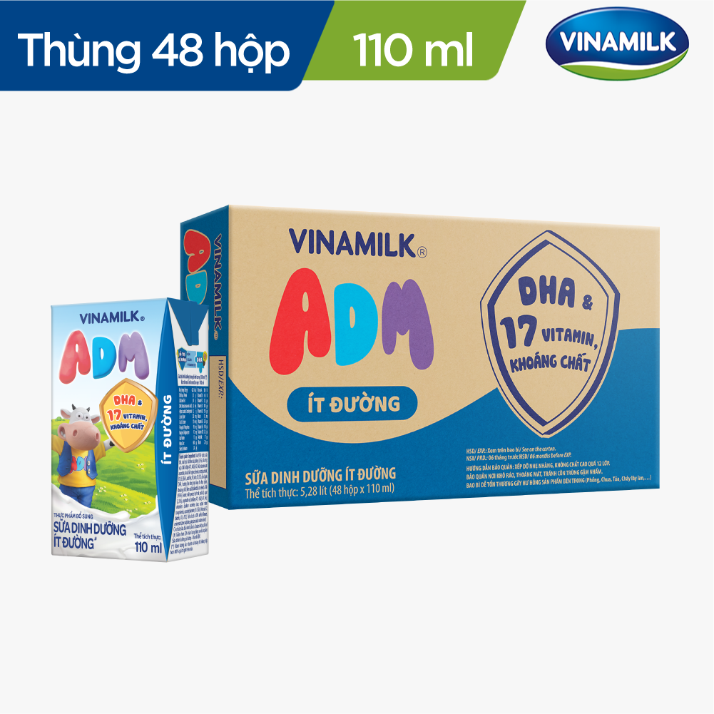Thùng 48 hộp Sữa dinh dưỡng Vinamilk ADM Ít Đường - Hộp 110ml