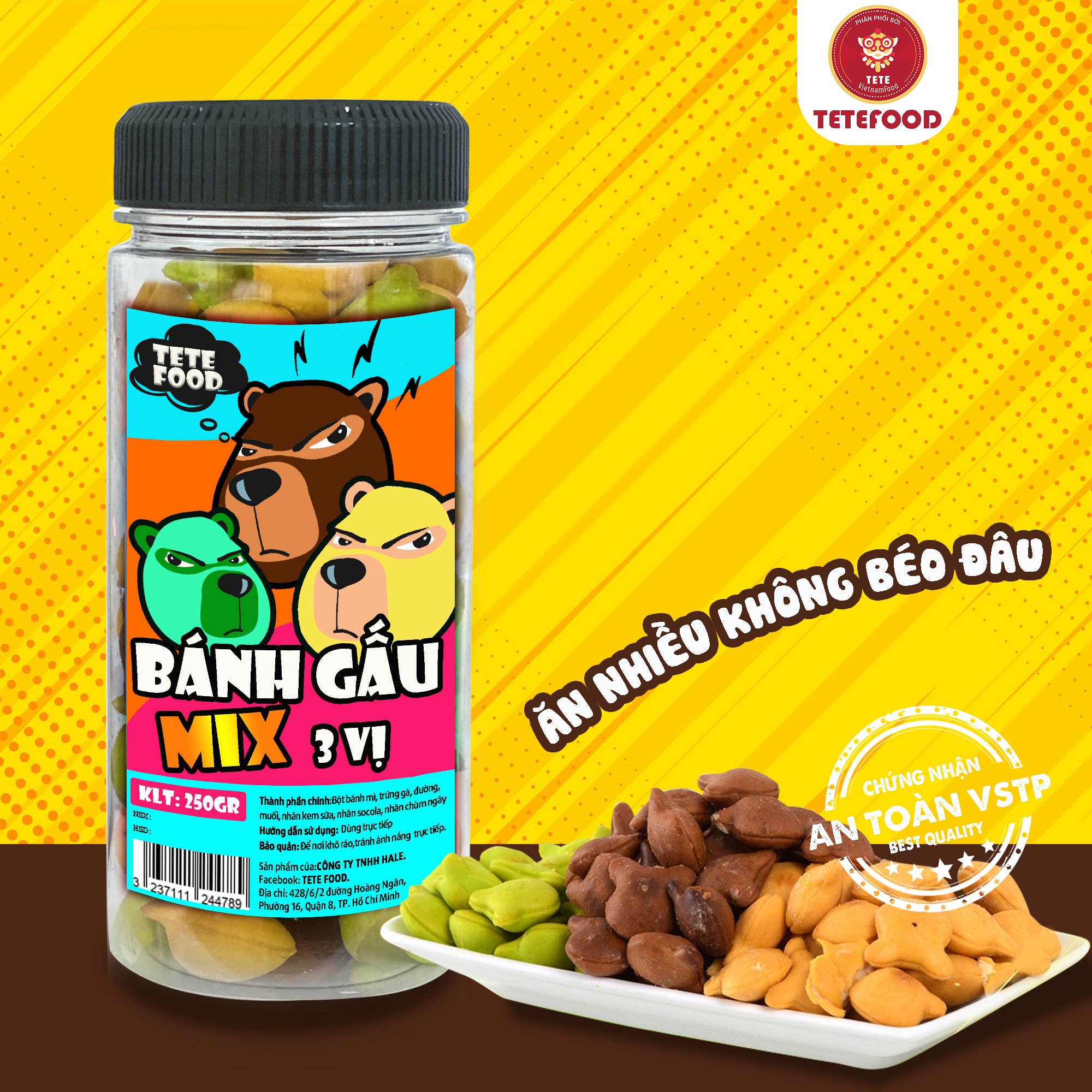 Bánh Gấu Nhiều Vị Chùm Ngây, Socola 250gram TETE Food (Mix 3 vị)