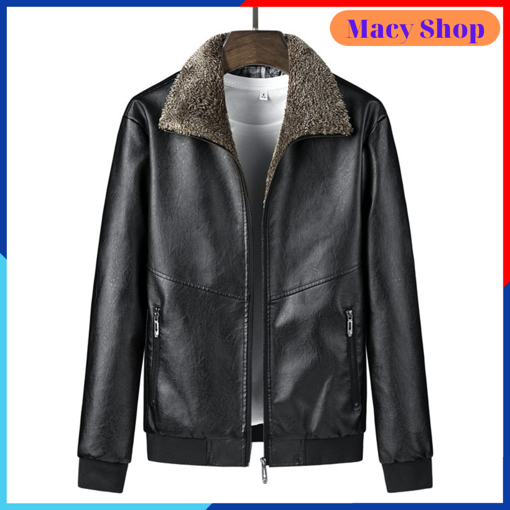 Áo khoác da nam, da PU cao cấp chống bong tróc, Cổ bo lông Macy AD104