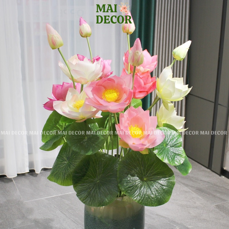 Hoa sen giả, cụm sen lụa 2 bông 1 nụ kèm lá loại to trang trí phòng khách, để sảnh khách sạn - Mai Decor