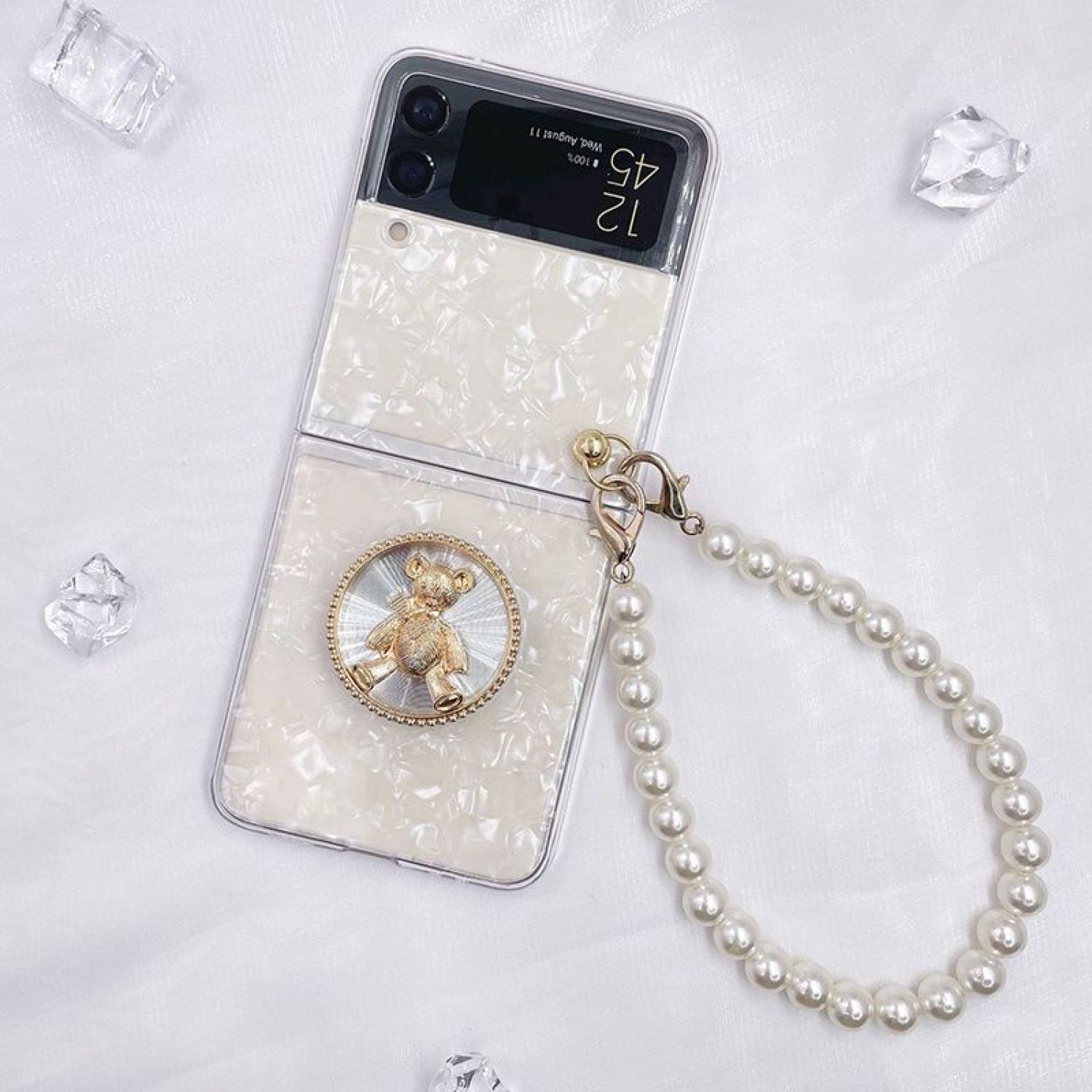 Ốp samsung z flip 3 - z flip 4 - zflip3 - zflip3 5g vân ánh đá popsocket gấu sang chảnh kèm dây ngọc tiểu thư