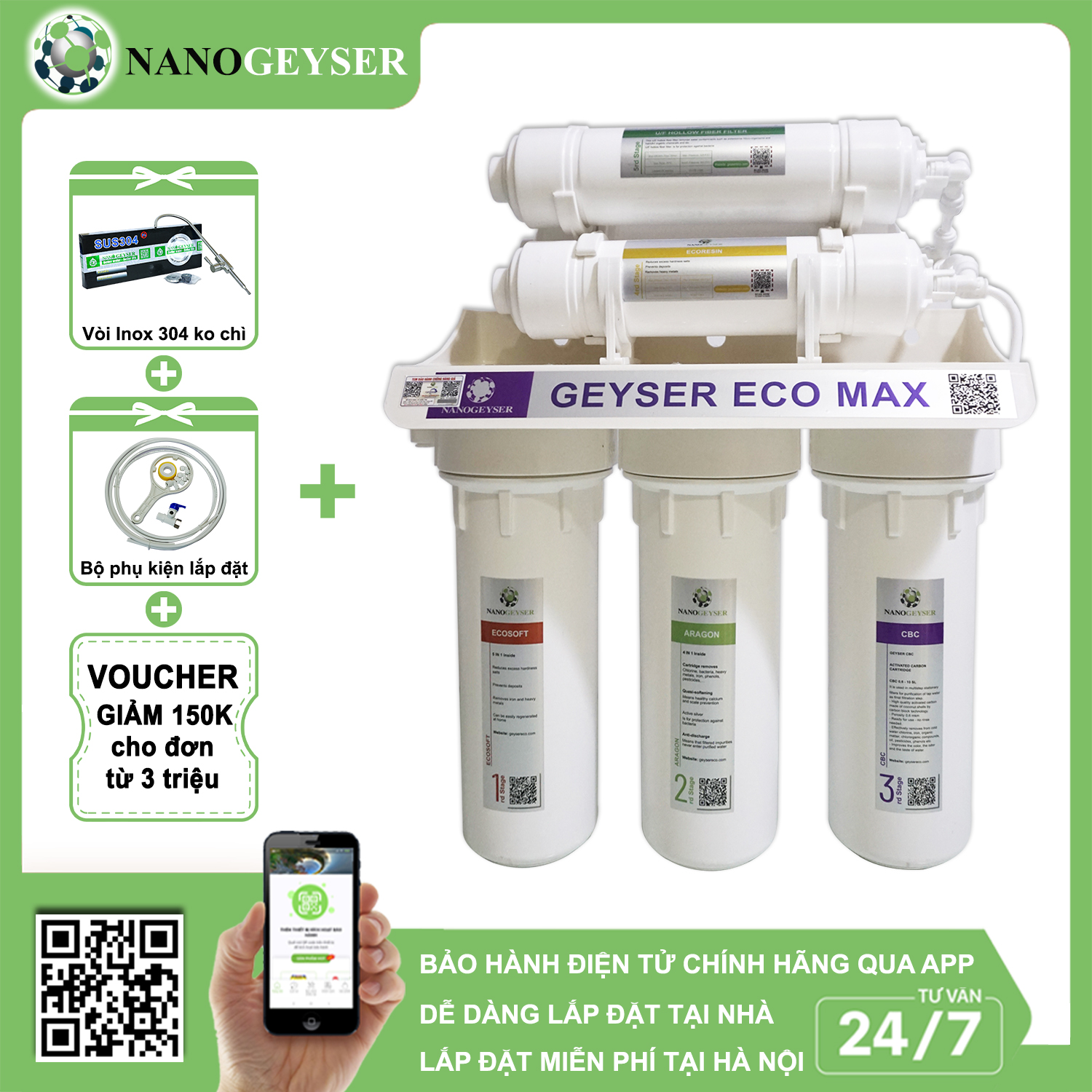 Máy lọc nước nano geyser eco max 7 cấp, công nghệ lọc & diệt khuẩn kép nano + uf, không dùng điện