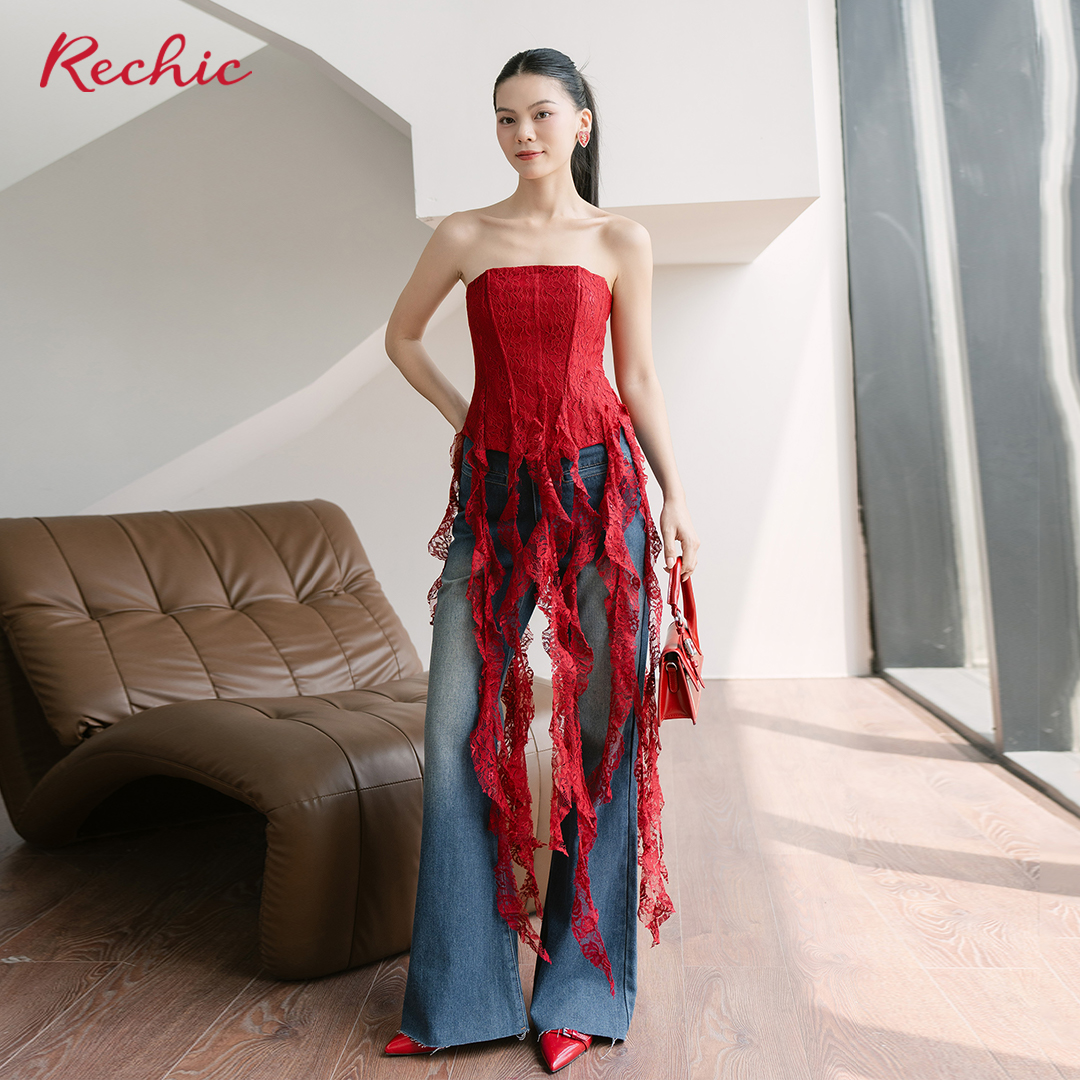 RECHIC Áo kiểu Đan Linh cúp ngực phối tua rua sang trọng