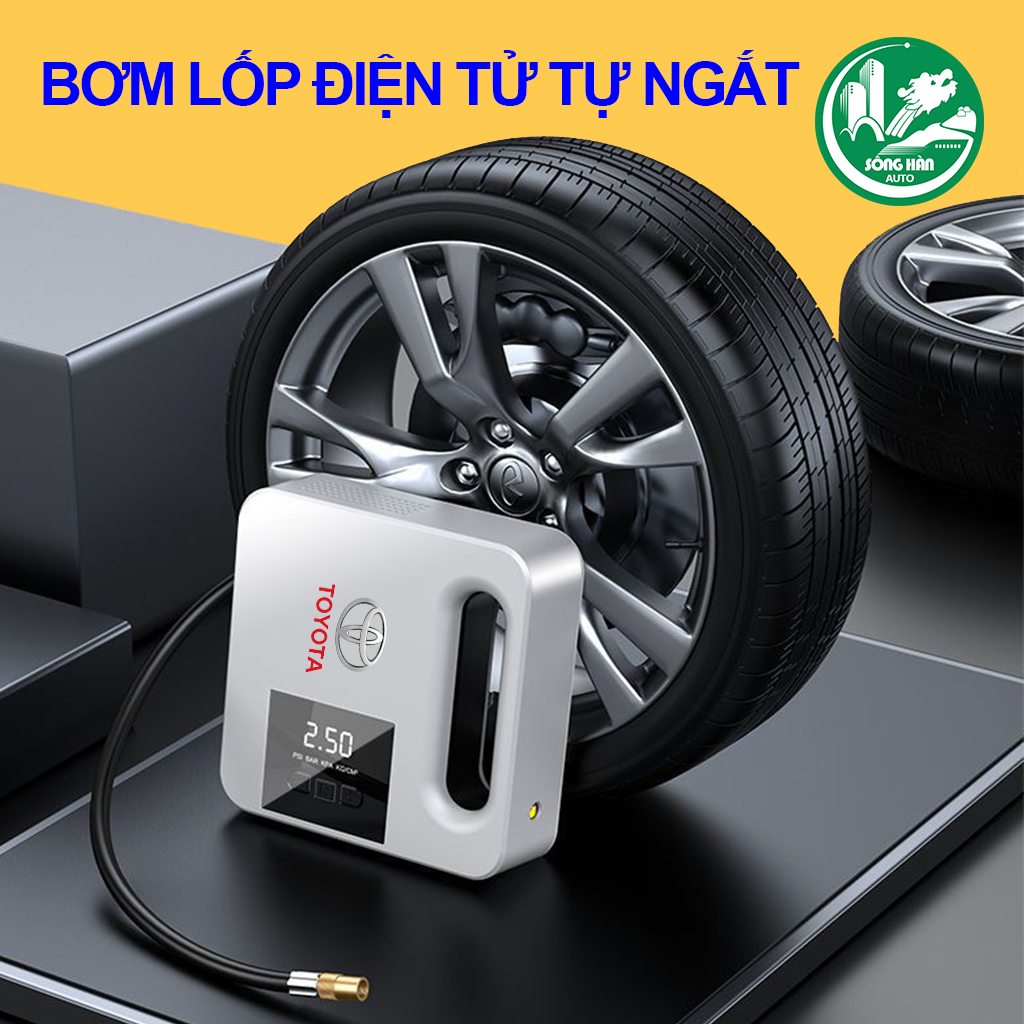 Bơm lốp ô tô, xe hơi Toyota điện tử tự ngắt, máy bơm lốp mini 12V cầm tay oto xe máy cao cấp - Phụ kiện ô tô, xe máy