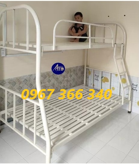 Giường tầng sắt tròn dày dặn trên dưới lệch nhau 1m 1m2 1m4 1m6 dài 2m giao nhanh HCM BD