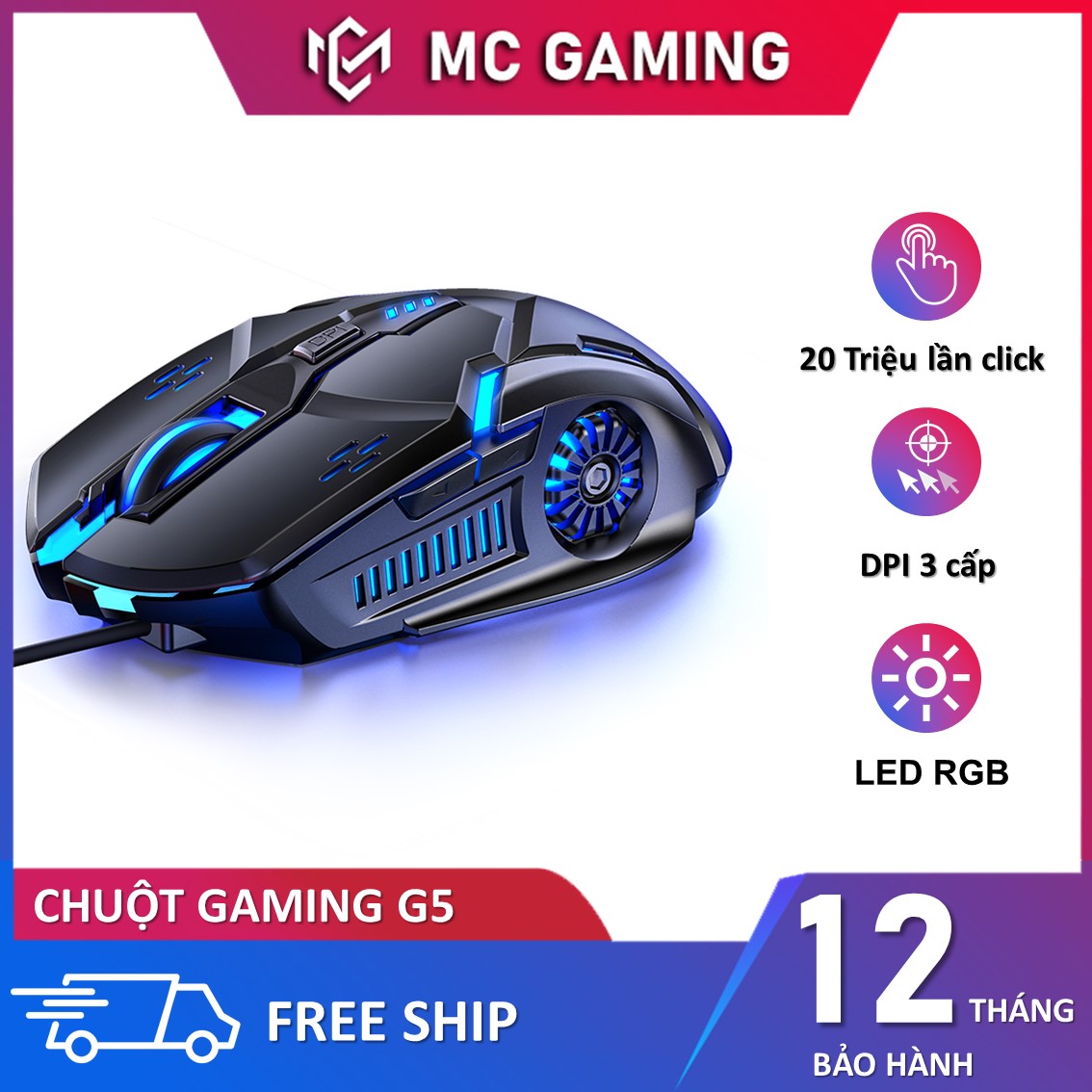 Chuột gaming cho game thủ G5 3200 DPI chế độ LED 7 màu, thiết kế 6 nút bấm thao tác nhanh khi chơi game lướt web làm việc văn phòng tương thích máy tính laptop chuột chơi game giá rẻ MC Gaming