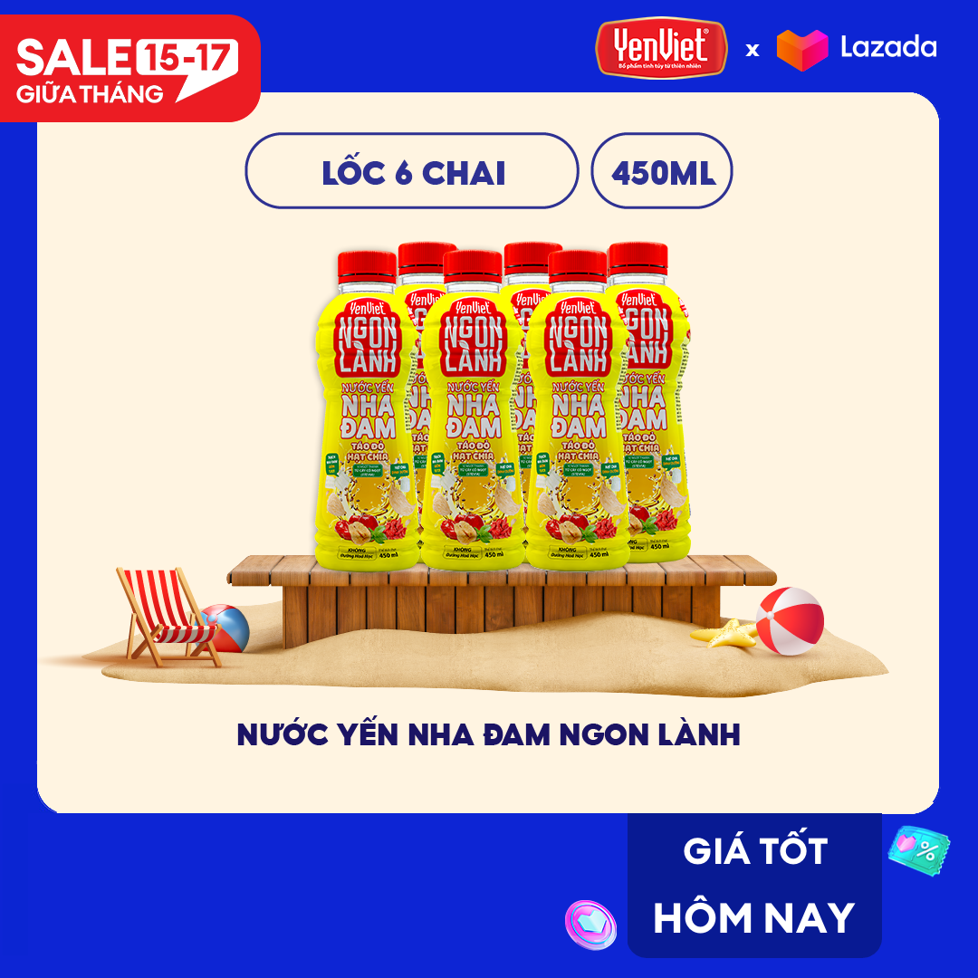 HSD: 12/07/2025 - Nước yến Yến Việt Ngon Lành táo đỏ, hạt chia, thạch nha đam, ngọt thanh từ cỏ ngọt không đường hoá học, không chất bảo quản 1 lốc 6 chai x 450ml