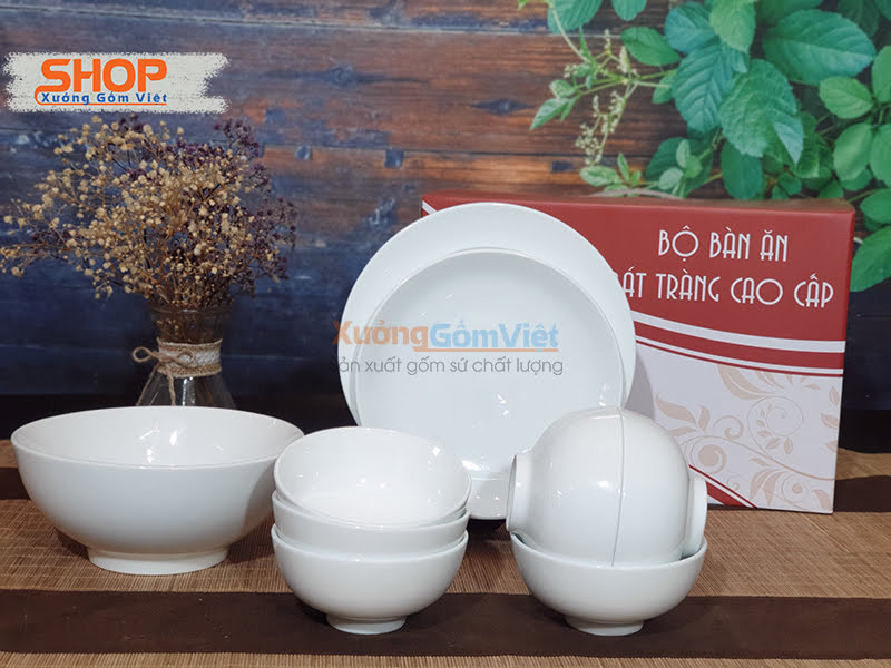 Set of 9 white porcelain dishes including 6 cups of rice, 2 plates, 1 bowl of soup - Bat Trang ceramic goods - VIET CERAMIC FACTORY