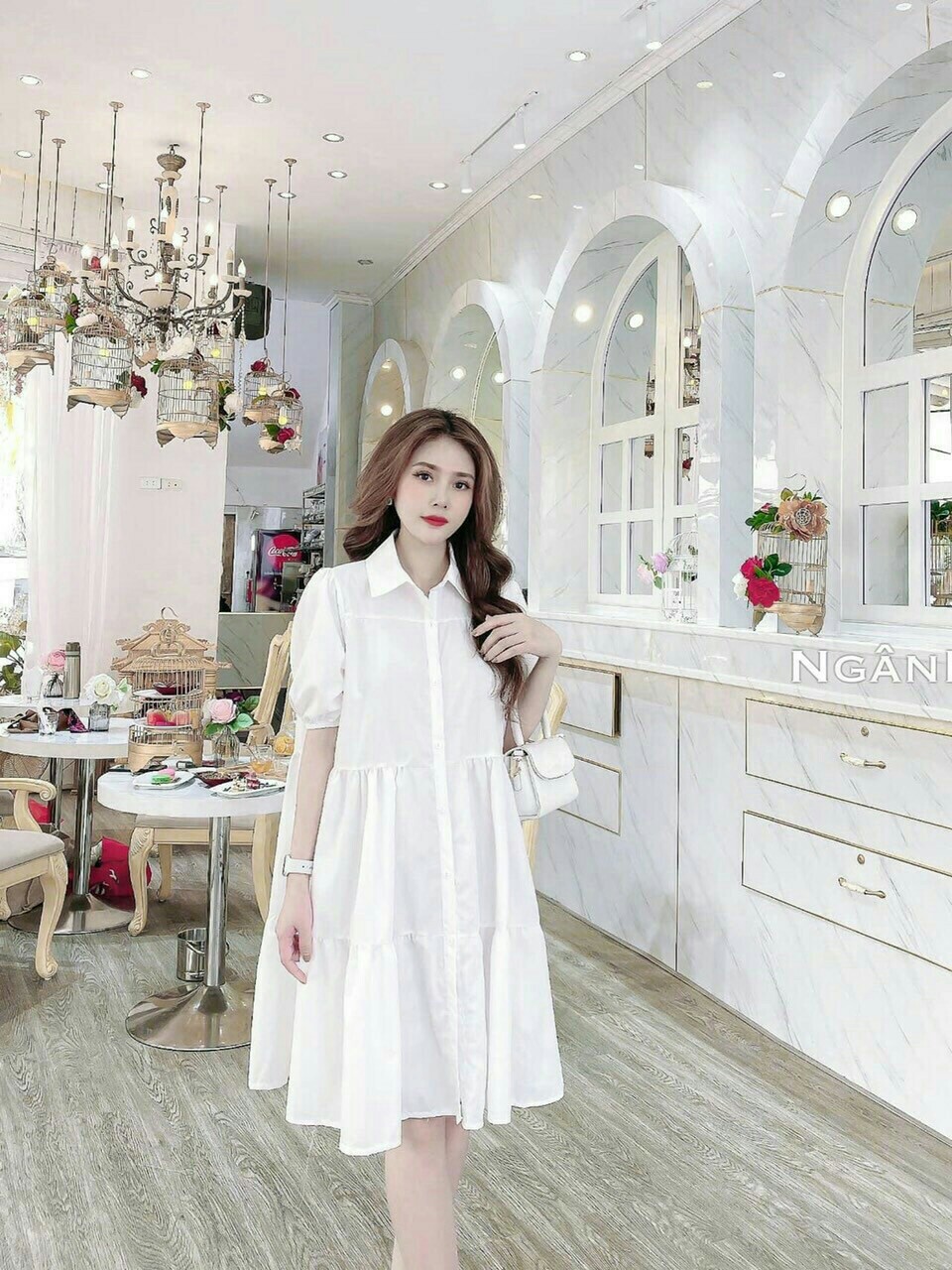 ĐẦM SƠ MI SUÔNG TAY NGẮN RÚT DÂY CỰC XINH, FORM CHUẨN CHẤT VON DÀY MỊN ĐẸP TTSGR