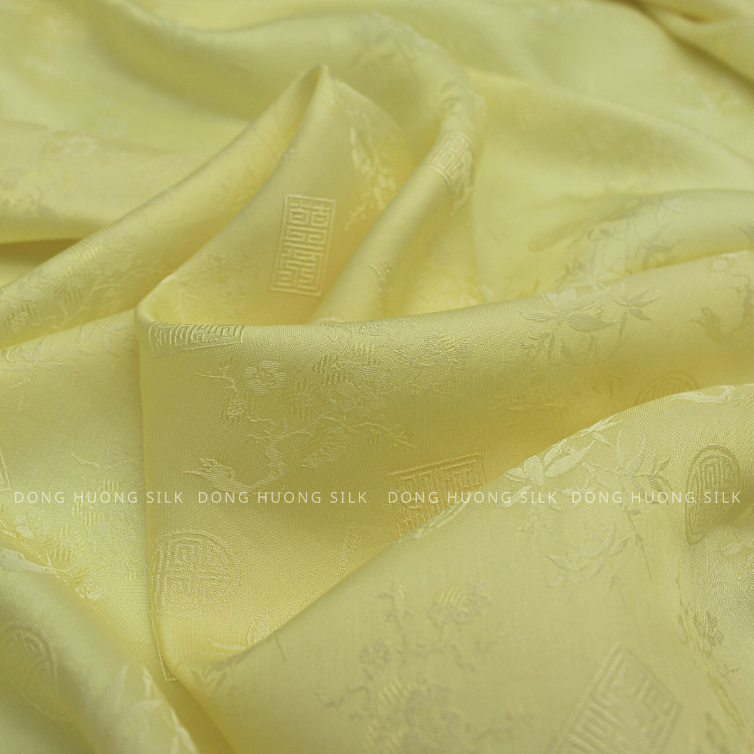 Vải lụa tơ tằm satin hoa trúc mai vàng kem – lhvs081